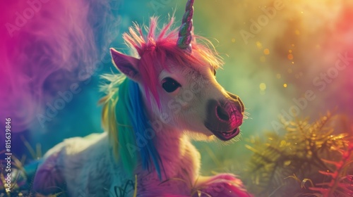 a baby unicorn with a rainbow mane being silly and happy © Werckmeister