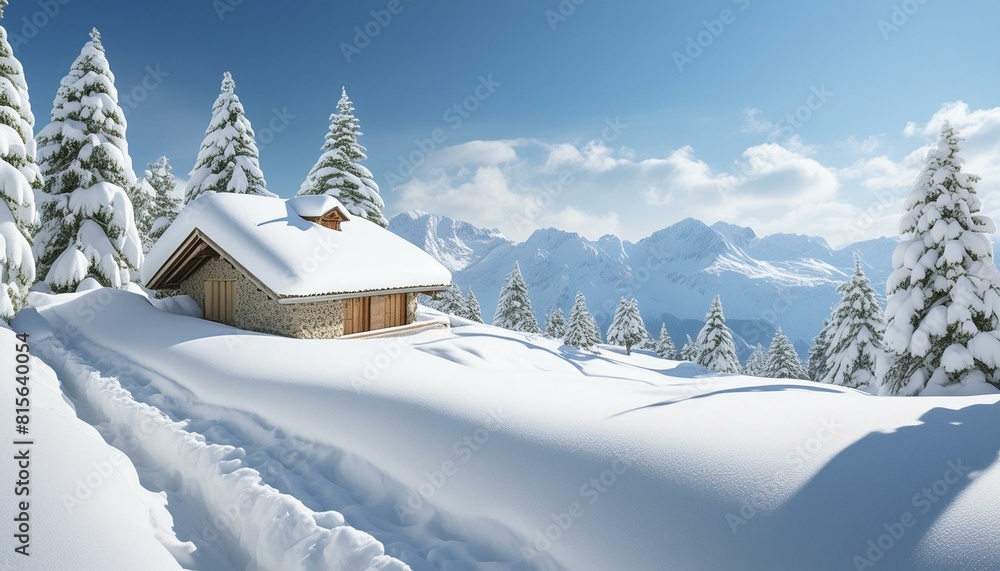 Naklejka premium house in the snow. A cozy chalet nestled under a thick blanket of snow in the Alps, with snow-laden pines