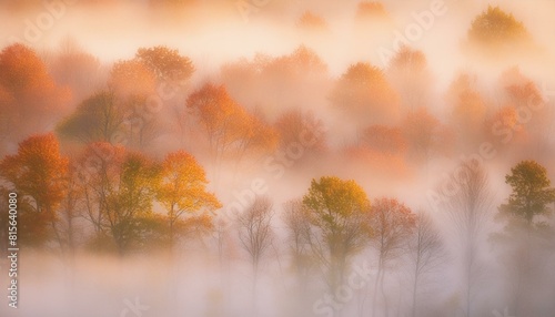 A forest of deciduous trees in full autumn color  shrouded in a thick  uniform mist. 
