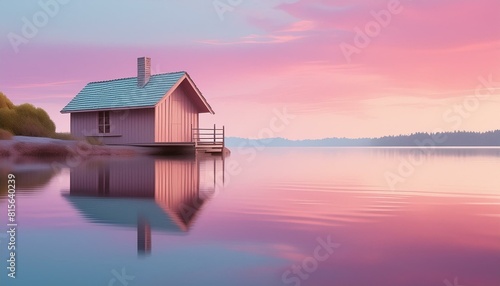 A quaint wooden cottage beside a still lake, reflecting the pastel colors of dawn. 