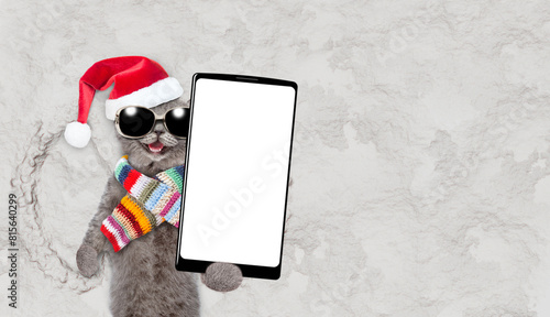 Happy cat wearing sunglasses, santa hat and warm scarf making snow angel while lying on snow and holds smartphone with white blank screen in it paw. Empty space for text
