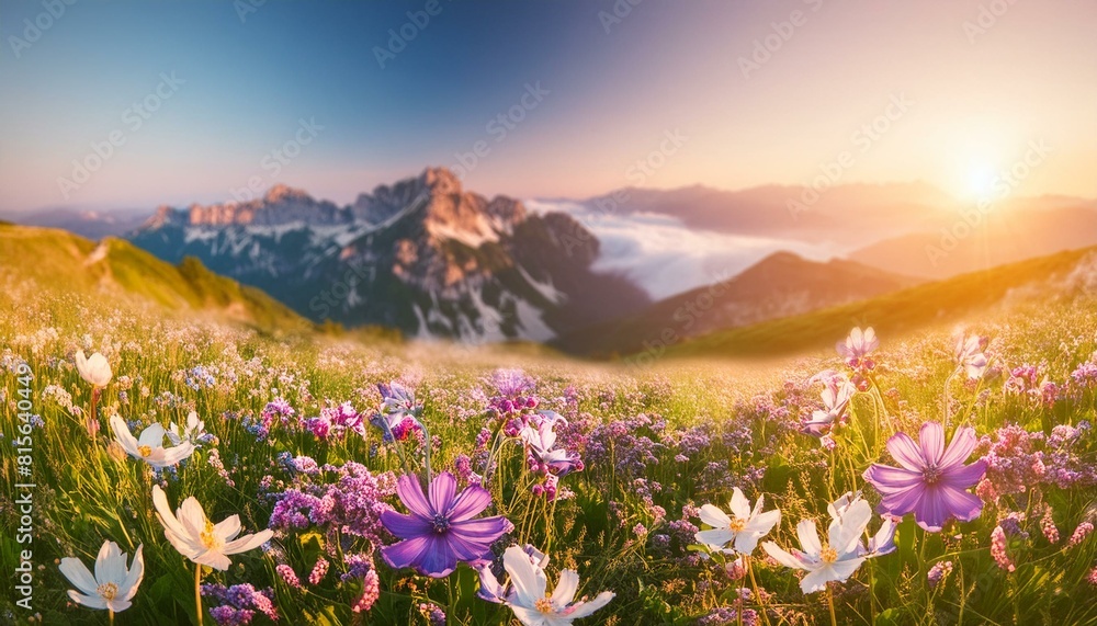 Fototapeta premium A vibrant spring meadow full of wildflowers, with distant mountains under a clear sky. 