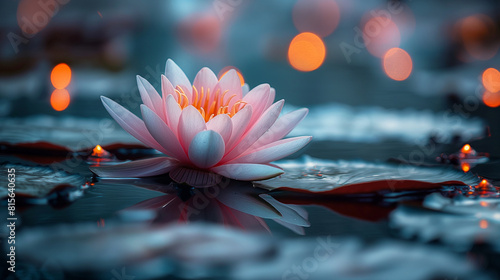 A close-up photograph capturing the delicate beauty of a blooming lotus flower in a Zen pond  with its petals unfurling gracefully amidst floating lily pads and shimmering dragonfl