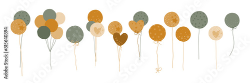 Twelve balloons for children's design. Illustration of bed tones. Cute animal free balloons with ribbons and flags.
