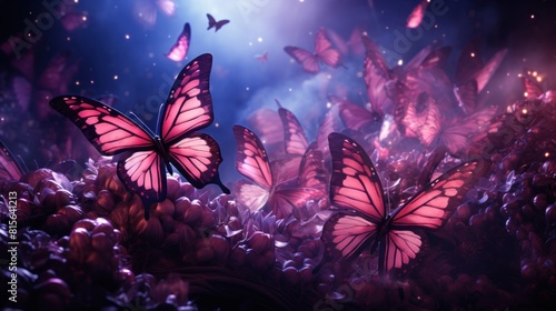 Beautiful pink sakura blossoms and butterflies. Nature background. © nahij
