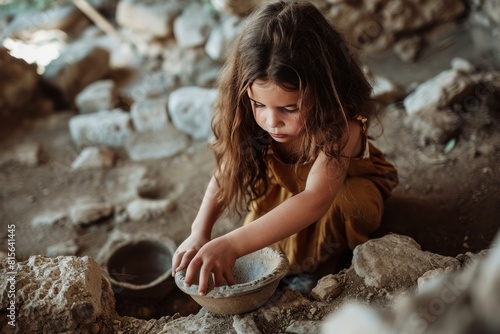 Curious little girl pretending to be an archeologist, exploring with a bowl in rustic outdoor setting . Generate Ai