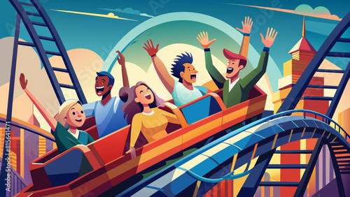 Thrilling Roller Coaster Ride at Amusement Park with Ecstatic Group