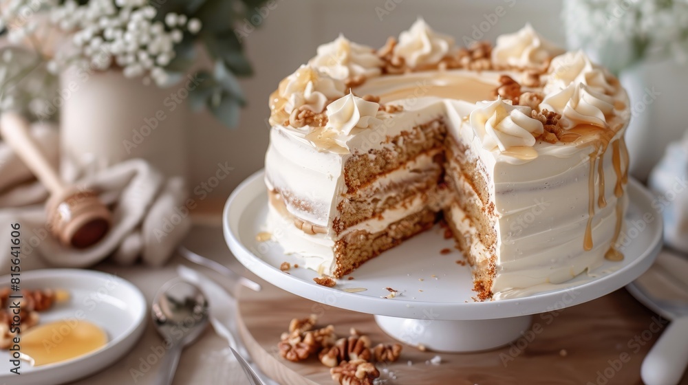 Cake with caramel topped with honey and sour cream frosting Cake with caramel topped with honey and sour cream frosting