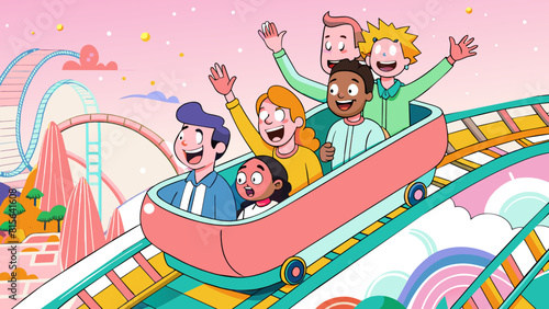 Excited Friends Enjoying Amusement Park Roller Coaster Ride