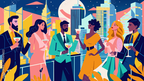 Elegant Rooftop Cocktail Party in Urban Setting at Night