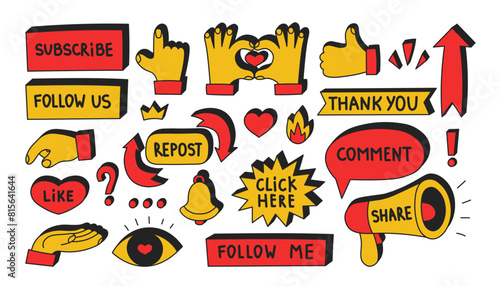 Social media stickers vector set. Call to action icons buttons for video post blog. Subscribe comment like repost signs