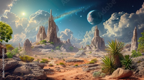 A desolate alien desert stretches out  marked by towering rock formations  under a surreal sky graced by the dramatic presence of nearby planets and celestial bodies. Resplendent.