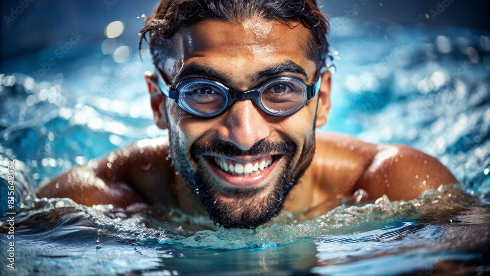 Happy man swimming with Goggles in a swimming pool. Happy active sport man portrait. 