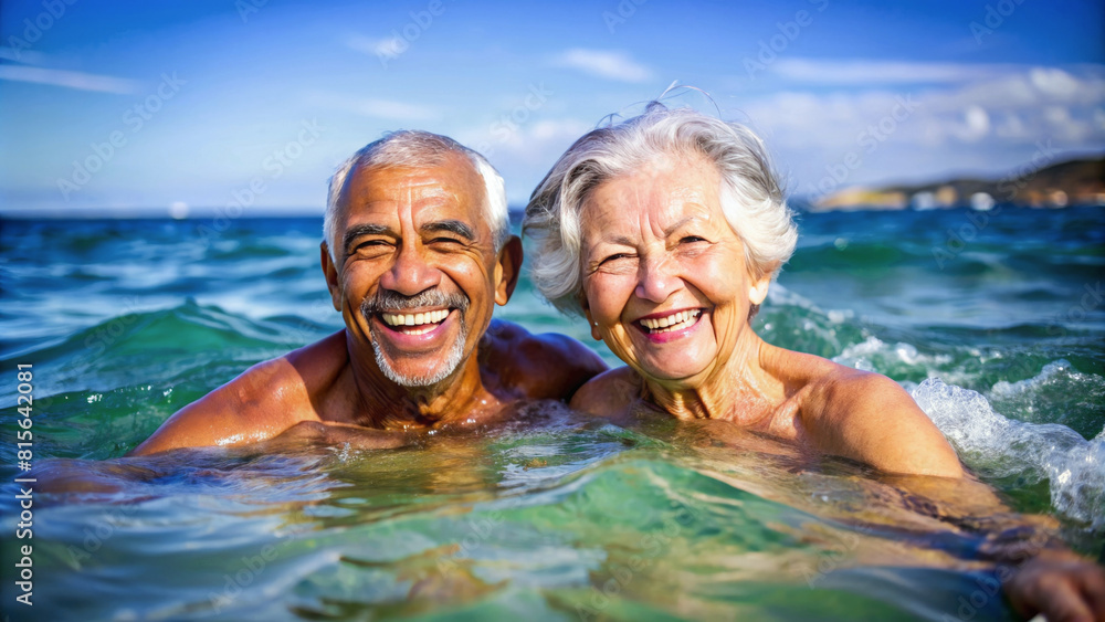 Happy senior couple swimming in the ocean outdoor. Happy older man and woman have active sport at old age. Funny grandfather and grandmother portrait 