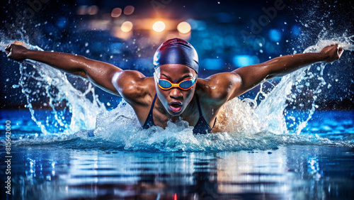 Professional woman swimmer swim using breaststroke technique in swimming pool. Concept of professional sport and competition photo
