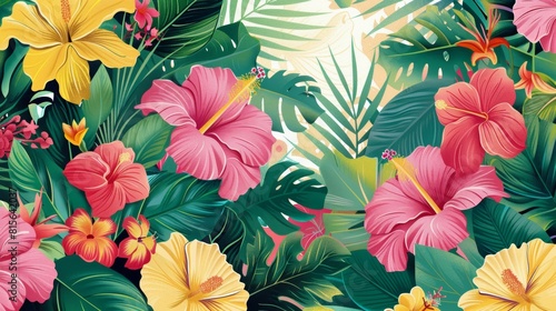 Wallpaper Mural An intricate pattern featuring tropical flowers and foliage, in vibrant pinks, yellows, and greens.  Torontodigital.ca
