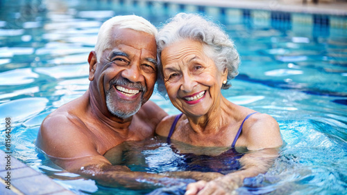 Happy multiracial senior couple swimming in the swimming pool outdoor. Happy older man and woman have active sport at old age. Funny grandfather and grandmother portrait