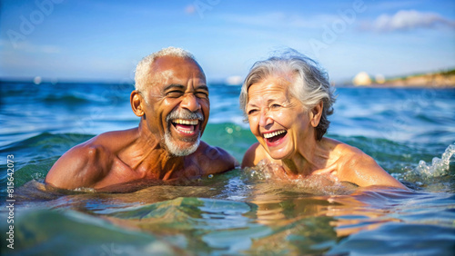 Happy senior couple swimming in the ocean outdoor. Happy older man and woman have active sport at old age. Funny grandfather and grandmother portrait  © Yekatseryna