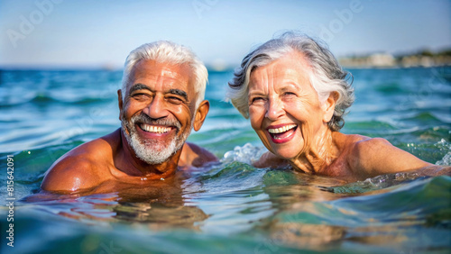 Happy senior couple swimming in the ocean outdoor. Happy older man and woman have active sport at old age. Funny grandfather and grandmother portrait  © Yekatseryna