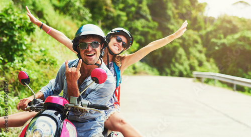 Couple, scooter and vacation with nature, road and happiness with holiday, India or transport. People, man or woman with helmet, excited or explore with adventure, travel or journey with getaway trip © peopleimages.com