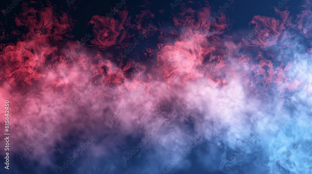A modern realistic illustration showing smoke, dust, or fog clouds. Abstract banner template with a smog effect, red and blue steam with particles, modern realistic image.