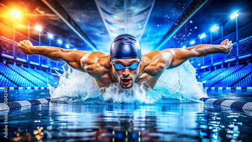 Professional man swimmer swim using breaststroke technique in swimming pool. Concept of professional sport and competition
