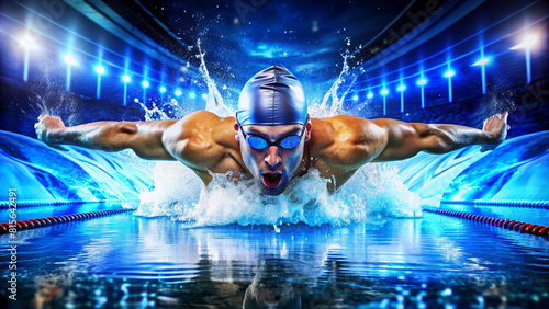 Professional man swimmer swim using breaststroke technique in swimming pool. Concept of professional sport and competition