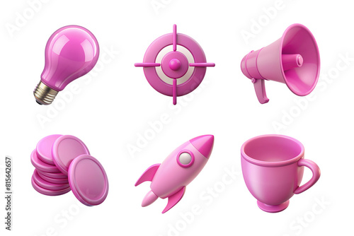 3d realistic icon set. bulb, target, megaphone, coins, rocket, cup