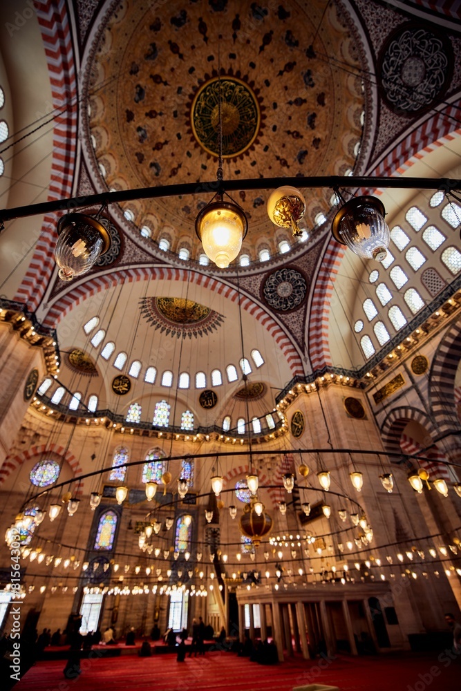 Obraz premium Majestic interior of a large building of Suleymaniye Mosque in Istanbul, Turkey