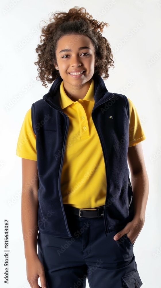 Fototapeta premium woman in yellow tshirt and blue jacket, full body, white background 