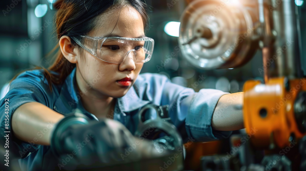 Asian woman technician in a factory is working on a metal drilling machine. Generative AI Asian woman technician in a factory is working on a metal drilling machine. Generative AI