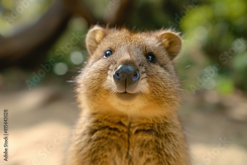 Close-up portrait of a cute, smiling quokka, a happy and friendly marsupial with vibrant fur and adorable whiskers, in its natural outdoor habitat on rottnest island, australia