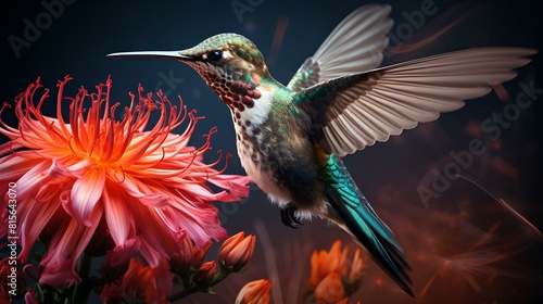 A hummingbird gracefully hovers above a vibrant flower,
 photo