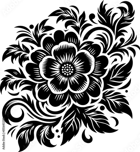 Black isolated flower silhouette with flourishes. Vector black flower in vintage style on white background. Floral tattoo vector design. Floral flourish design. Feminine tattoo template
