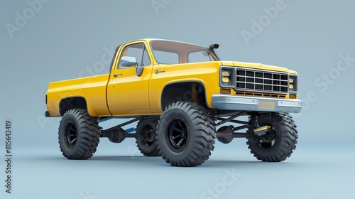 Pickup truck flat design front view, rugged theme, 3D render, colored pastel photo