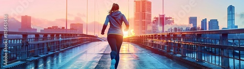 Running on a city bridge at dawn, watercolor, freedom and worklife balance, uplifting