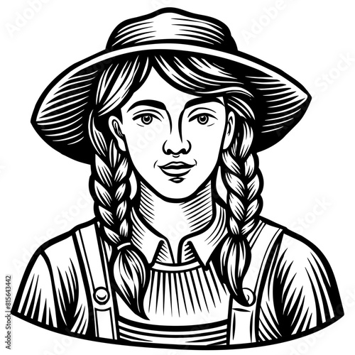 Cheerful, stylized black and white linocut logo featuring a female farmer with a widebrimmed hat, overalls, and a beaming smile, perfect for agricultural or local farm branding