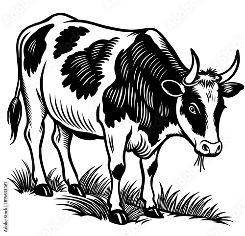 Vector illustration of a black and white dairy cow standing in a field, featuring bold linocut style, for educational materials and agricultural themes