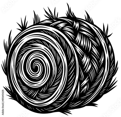 Black and white vector illustration of a hay bale with a swirling, spiral pattern. Perfect for agricultural themes, farming, or countryside designs