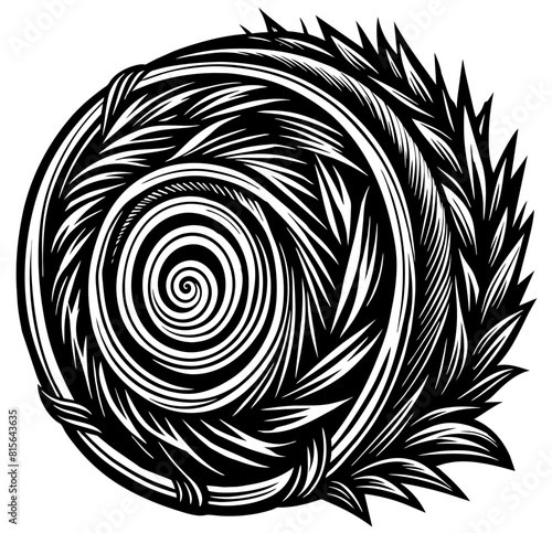 Black and white vector illustration of a hay bale with a swirling, spiral pattern. Perfect for agricultural themes, farming, or countryside designs