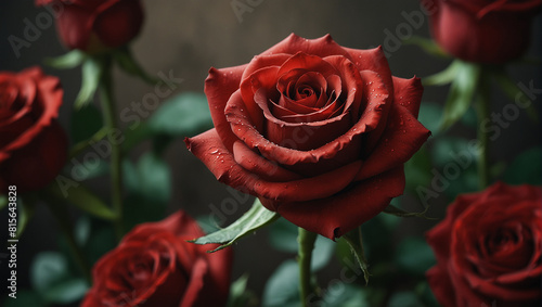 This image is of a dark red rose  with green leaves  against a dark background.  