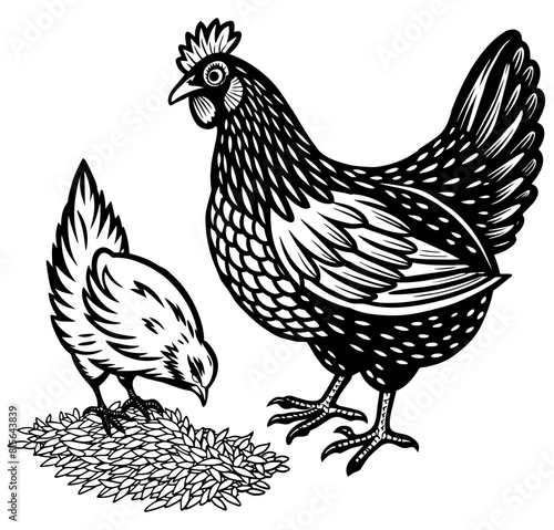 Vintage illustration of a grazing chicken that eats grain, monochrome linocut of a farm hen or fowl, suitable for agriculture logo