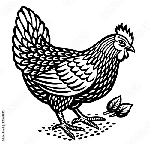 Vintage illustration of a grazing chicken that eats grain, monochrome linocut of a farm hen or fowl, suitable for agriculture logo