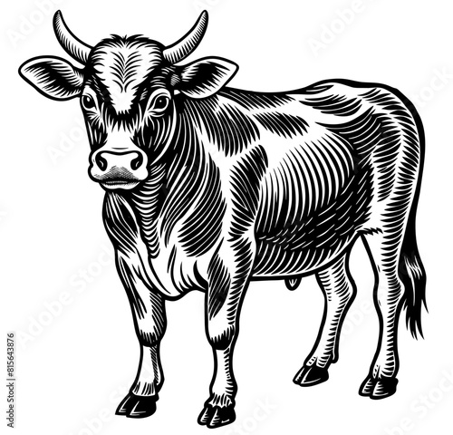 Vector illustration of a black and white dairy cow standing in a field  featuring bold linocut style  for educational materials and agricultural themes