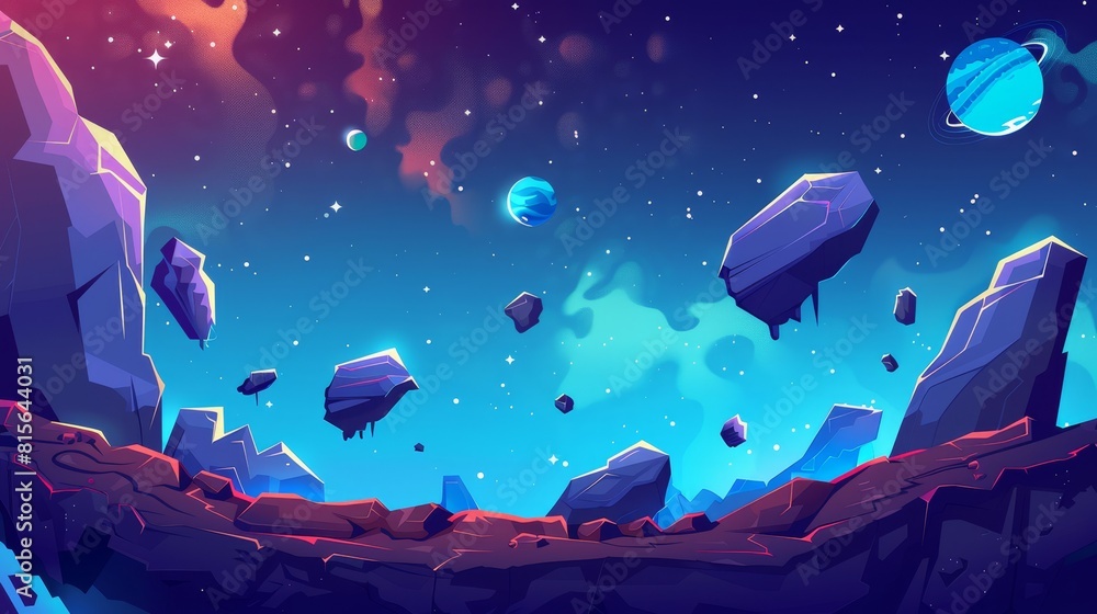 The surface of an alien planet is depicted with cracks and stones. An ...