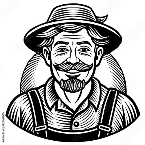 A vintage farmer with a hat, beard, and suspenders, black and white monochrome linocut illustration for logos, agriculture branding, and rustic themed projects