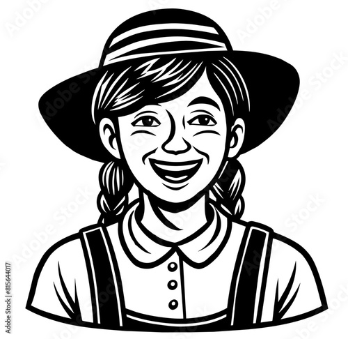 Cheerful, stylized black and white linocut logo featuring a female farmer with a widebrimmed hat, overalls, and a beaming smile, perfect for agricultural or local farm branding