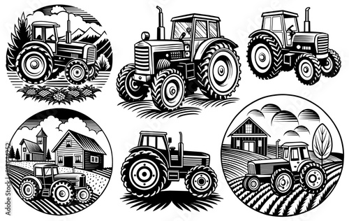Black and white line art illustration of a vintage tractor with detailed design showcasing the classic agricultural machinery, perfect for farmingthemed projects and oldfashioned rural imagery