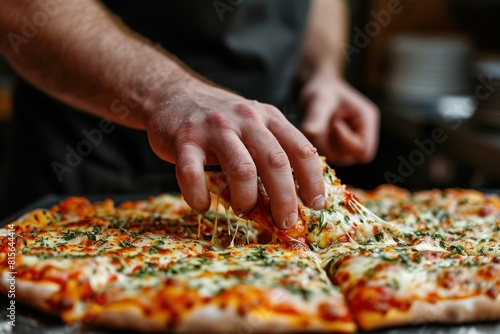 Close-up of a hand pulling a slice of hot pizza with stretchy cheese