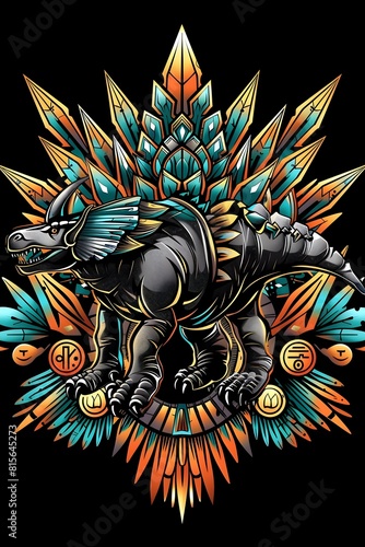 Stegosaurus Dinosaur with Egyptian Hieroglyphic Carvings on Armor Plates and Tail Spikes in Esports Logo Style for T Shirt Design